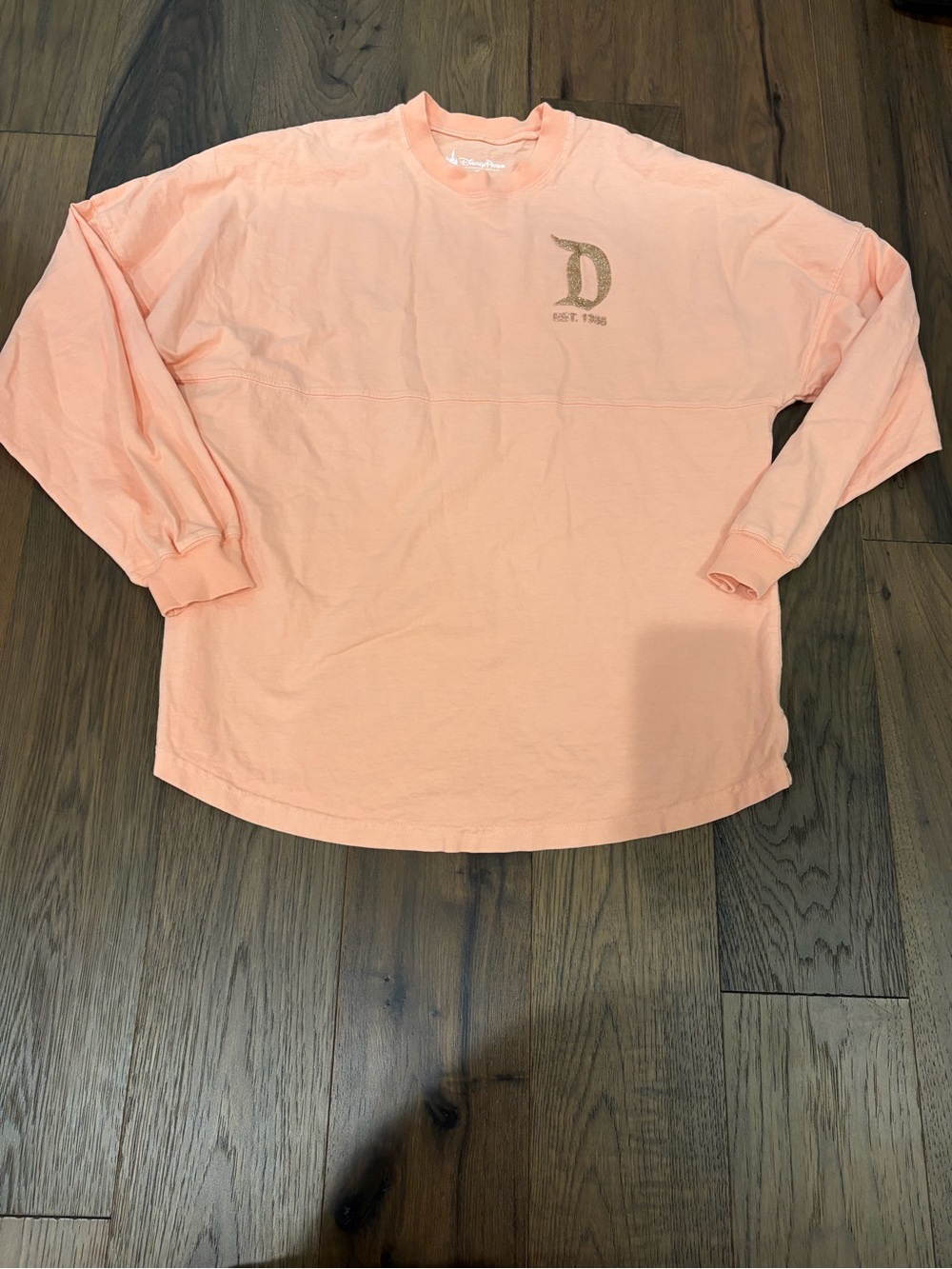 Disney Parks Disneyland Spirit Jersey Peach Coral Gold Glitter Logo Women's Med